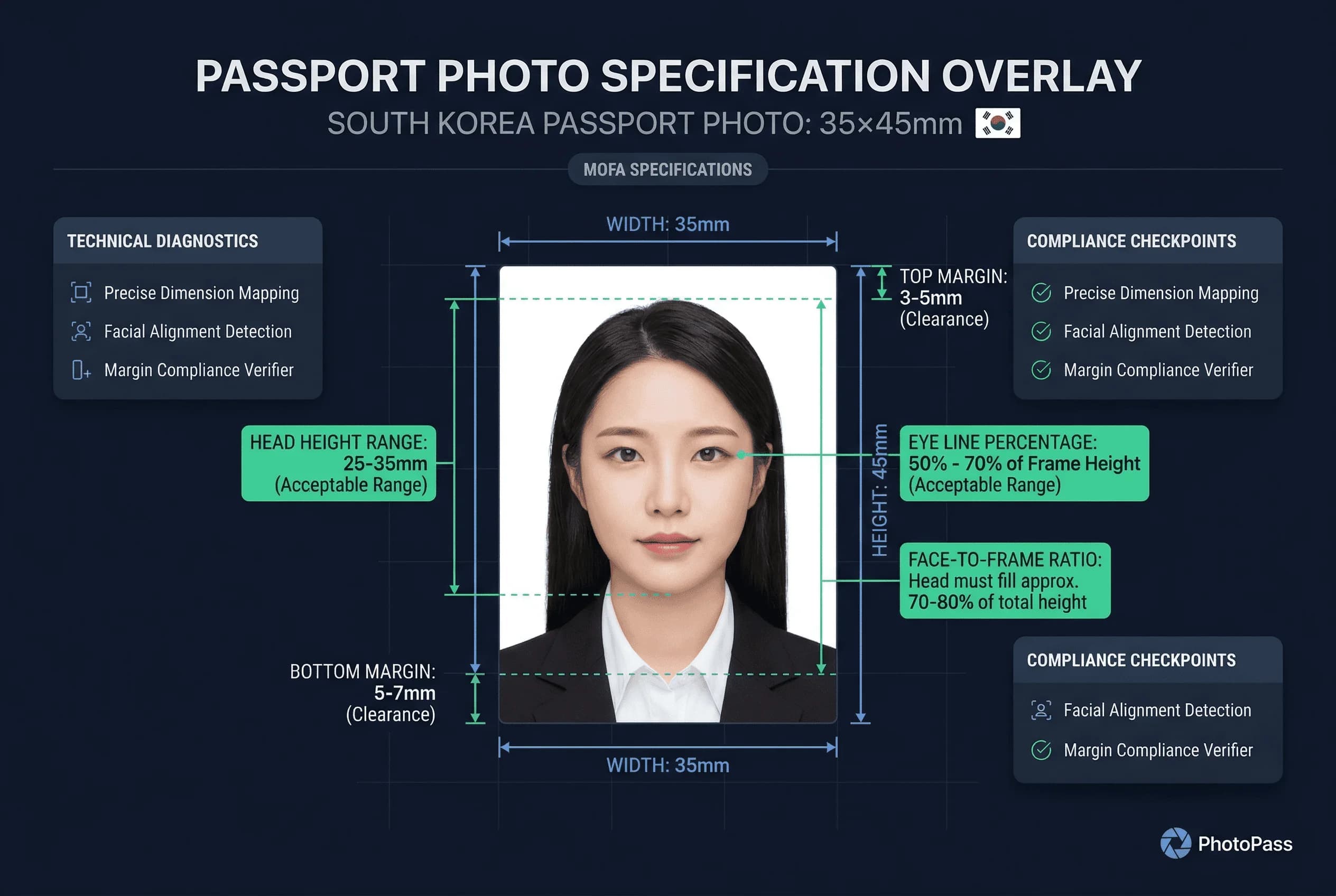 Diagram showing South Korea passport photo dimensions: 35×45mm frame with head height and eye line markers