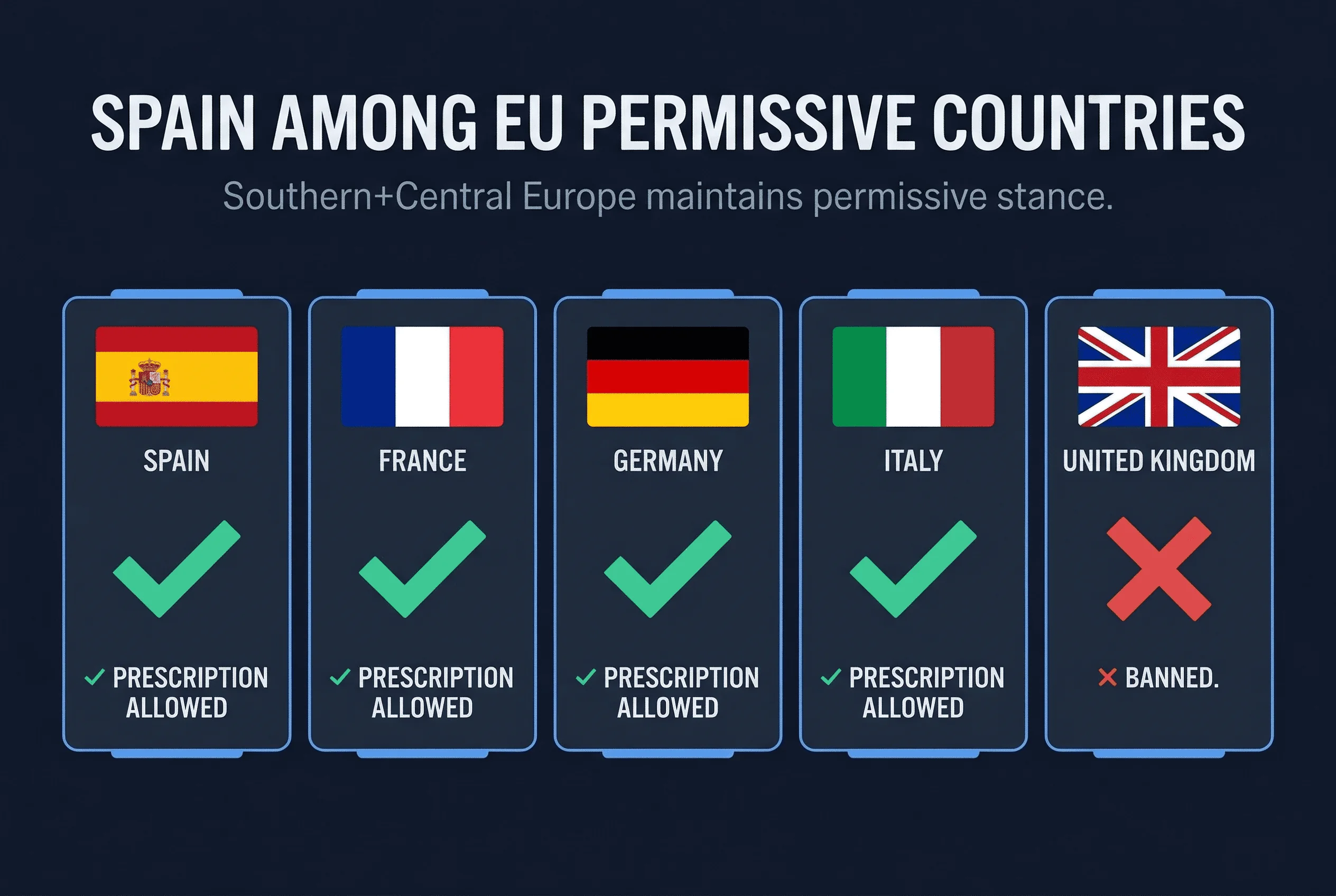 Grid comparing passport photo glasses policies across France, Germany, Italy, Spain, UK