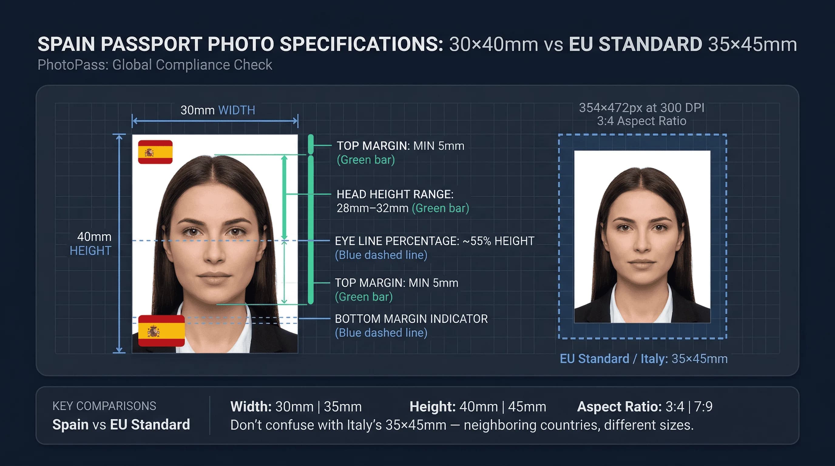 Diagram showing Spain passport photo dimensions