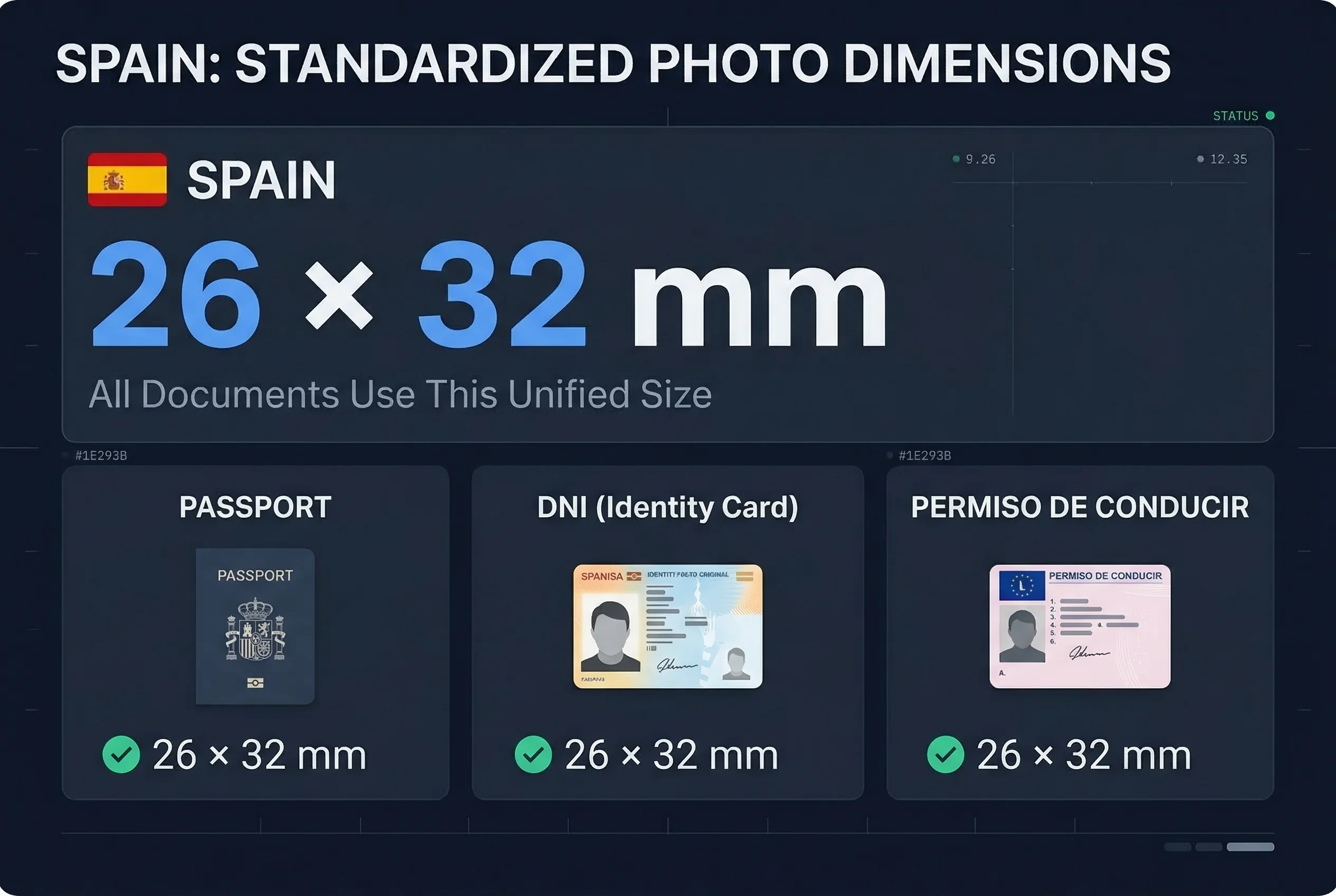 Grid comparing Spanish permiso de conducir driving licence photo requirements versus other countries