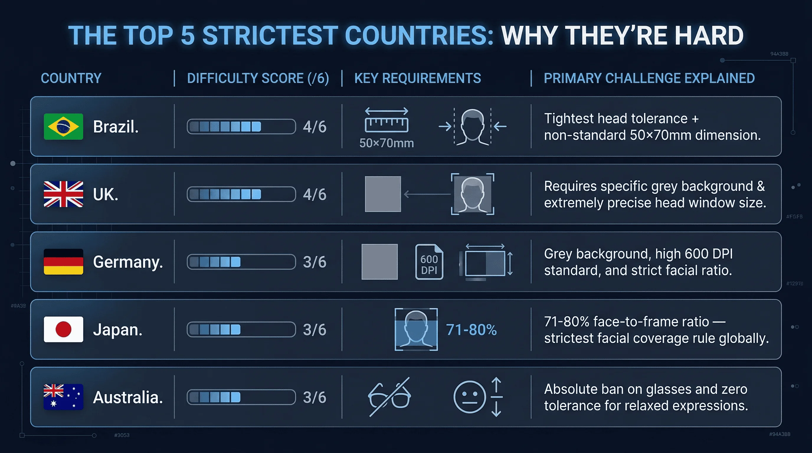 Price and feature comparison of the five strictest countries for passport photo rules showing why they rank highest