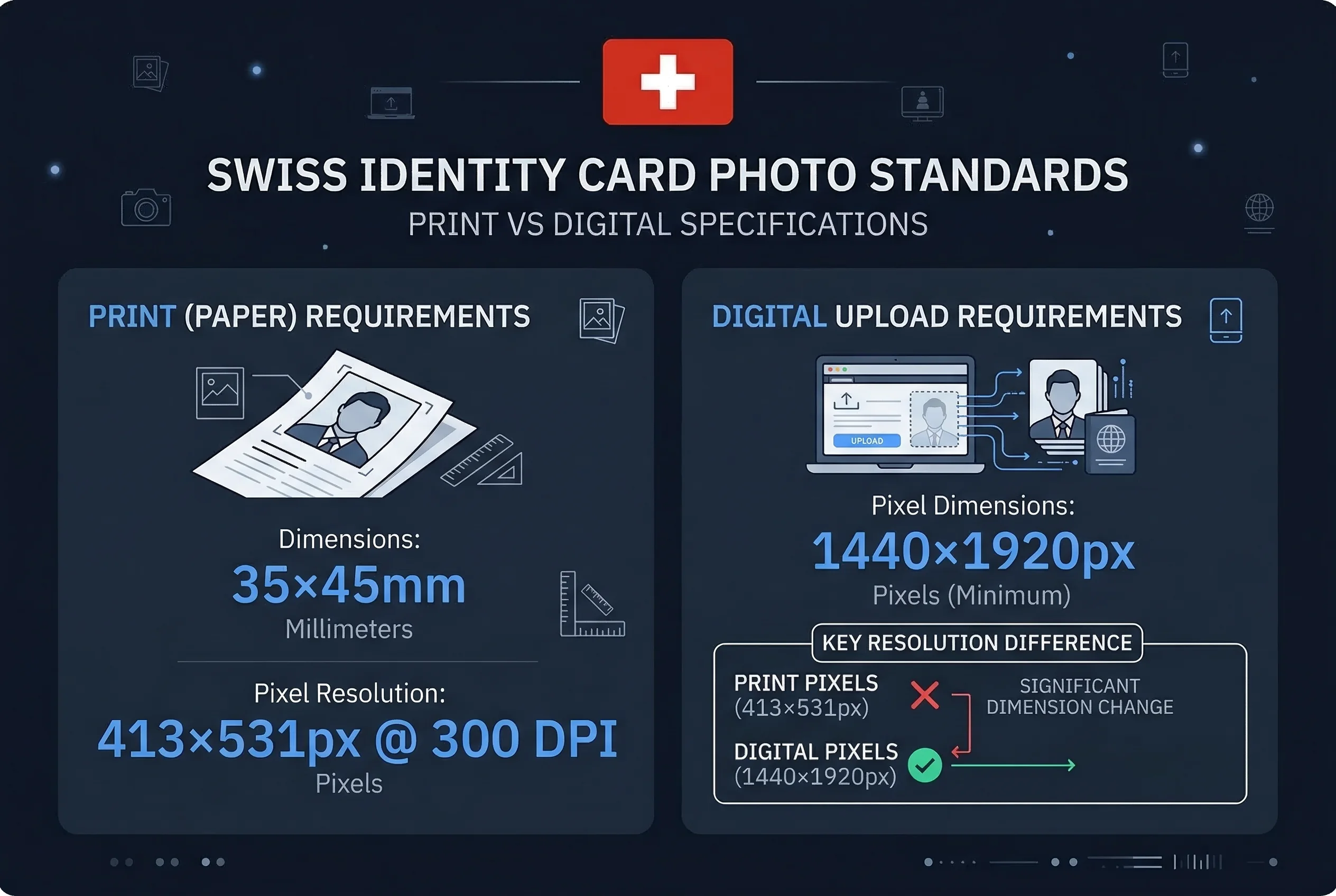 Grid comparing Swiss identity card photo requirements versus other countries