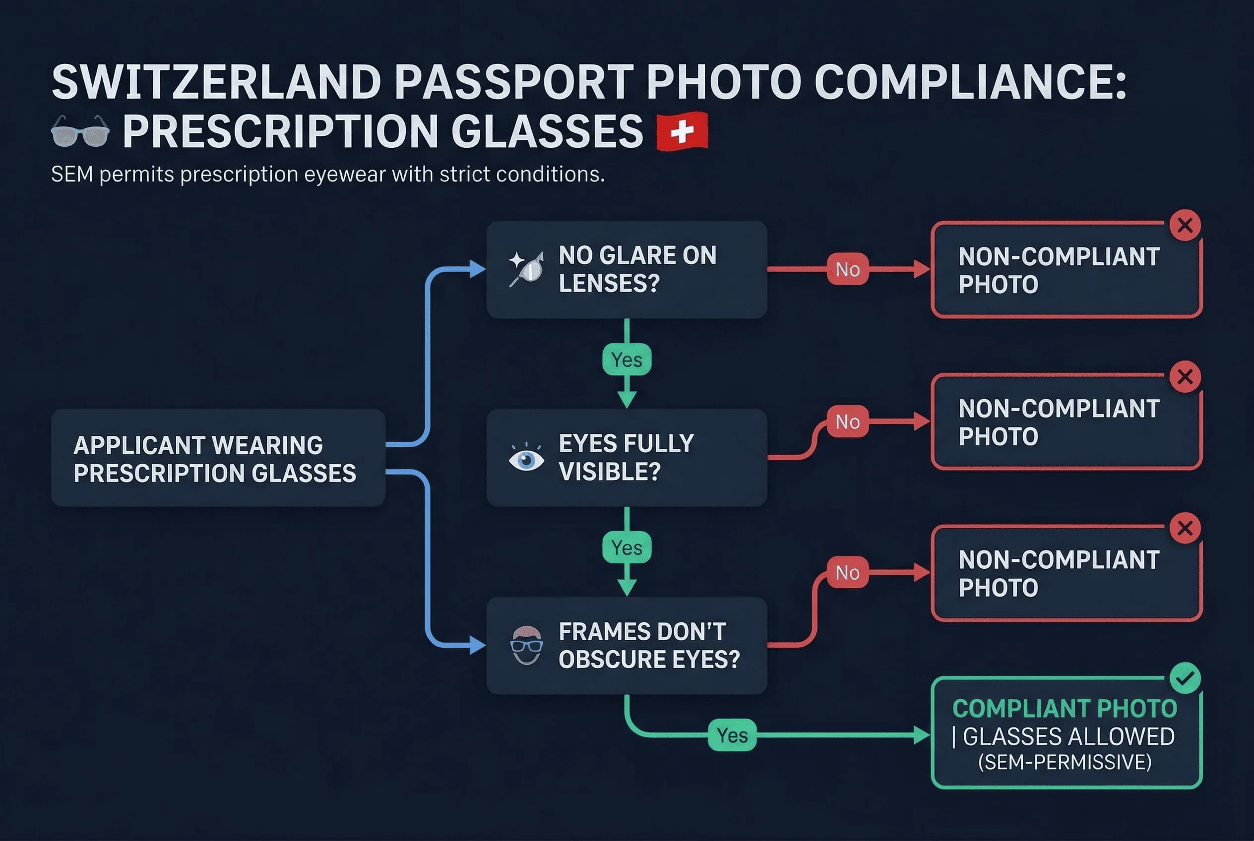 Decision flowchart for Switzerland passport photo rules with yes-no branches