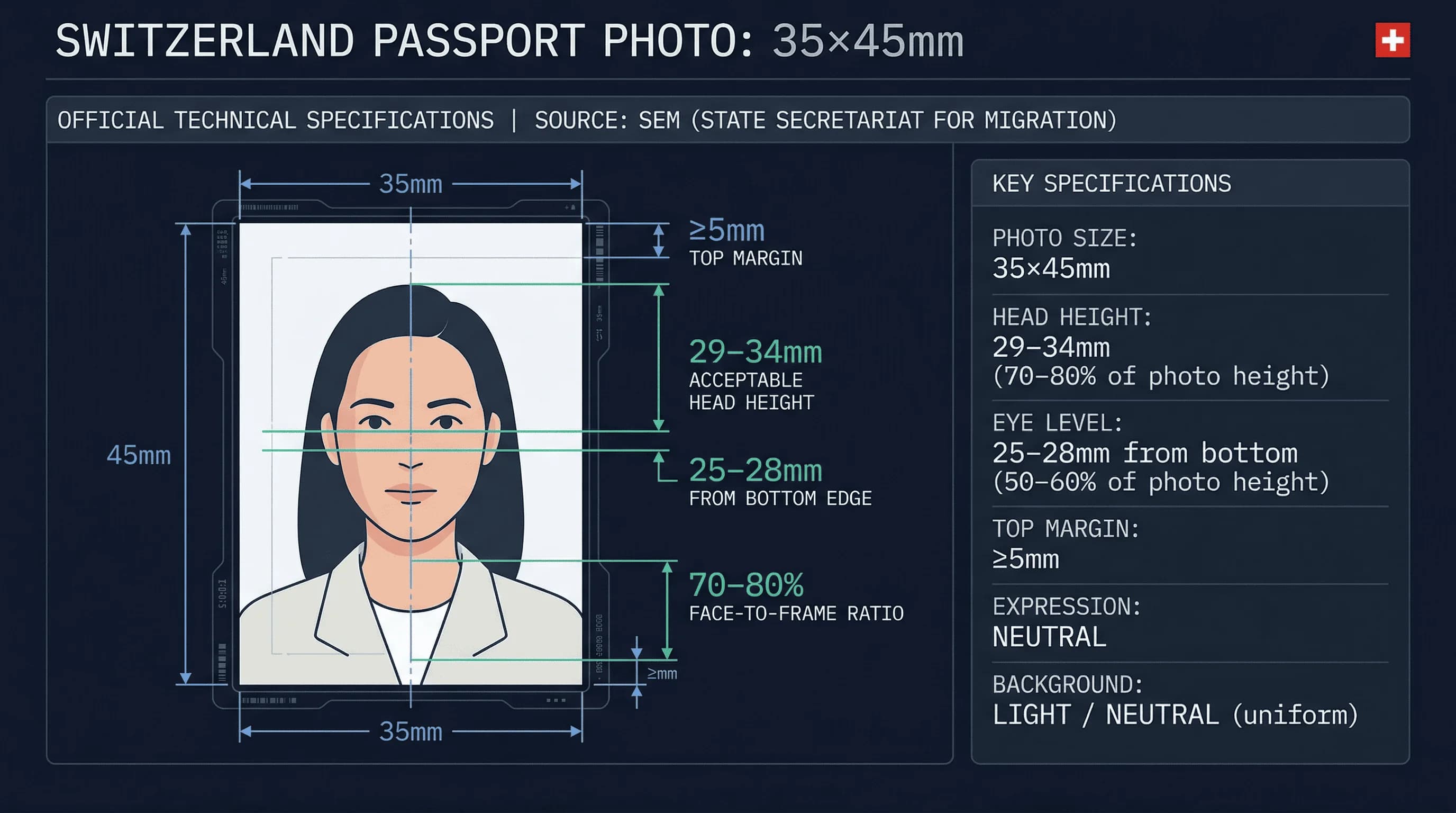 Diagram showing Switzerland passport photo dimensions: 35×45mm frame with head height and eye line markers