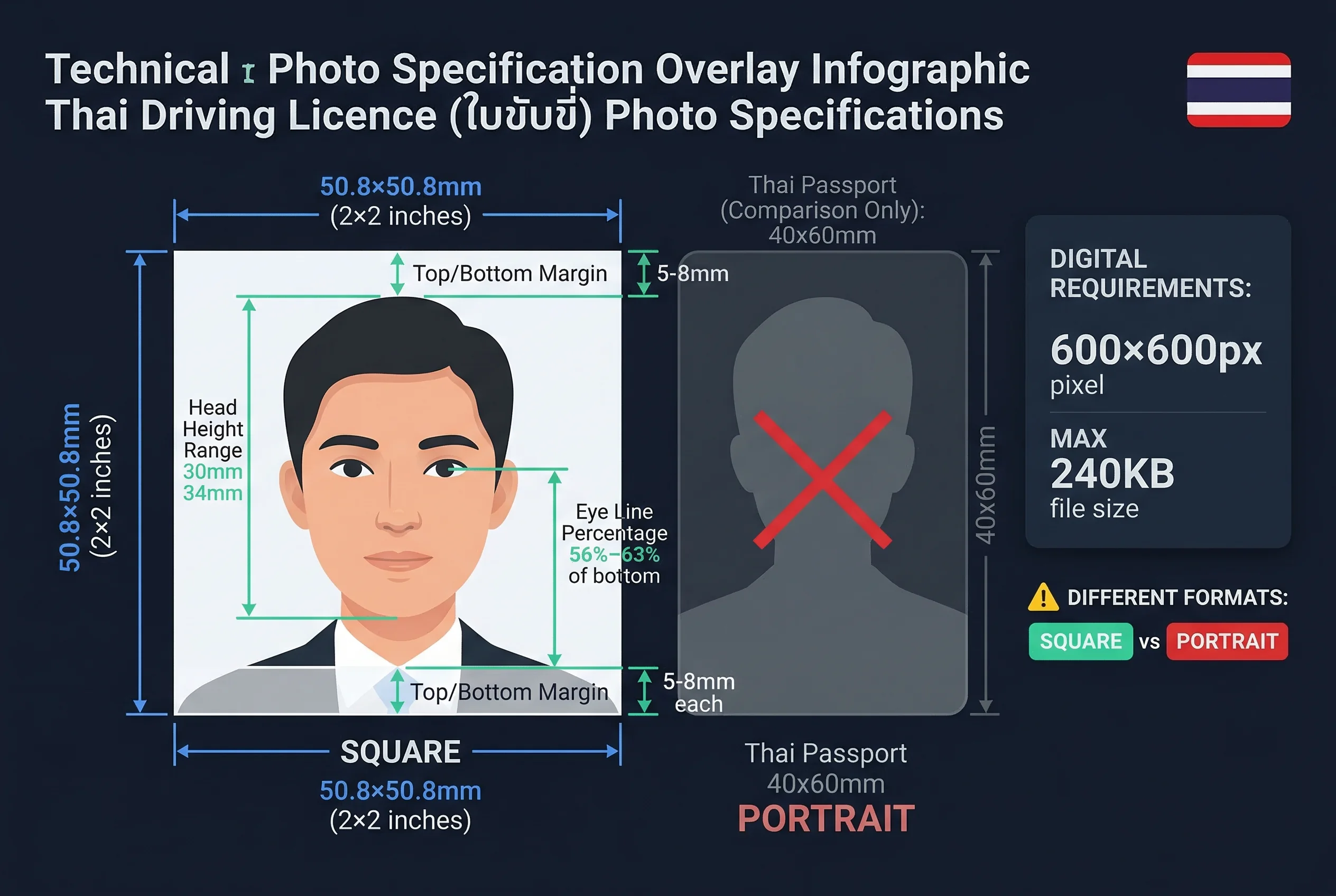 Diagram showing Thai driving licence photo dimensions: 40×60mm frame with head height and eye line markers