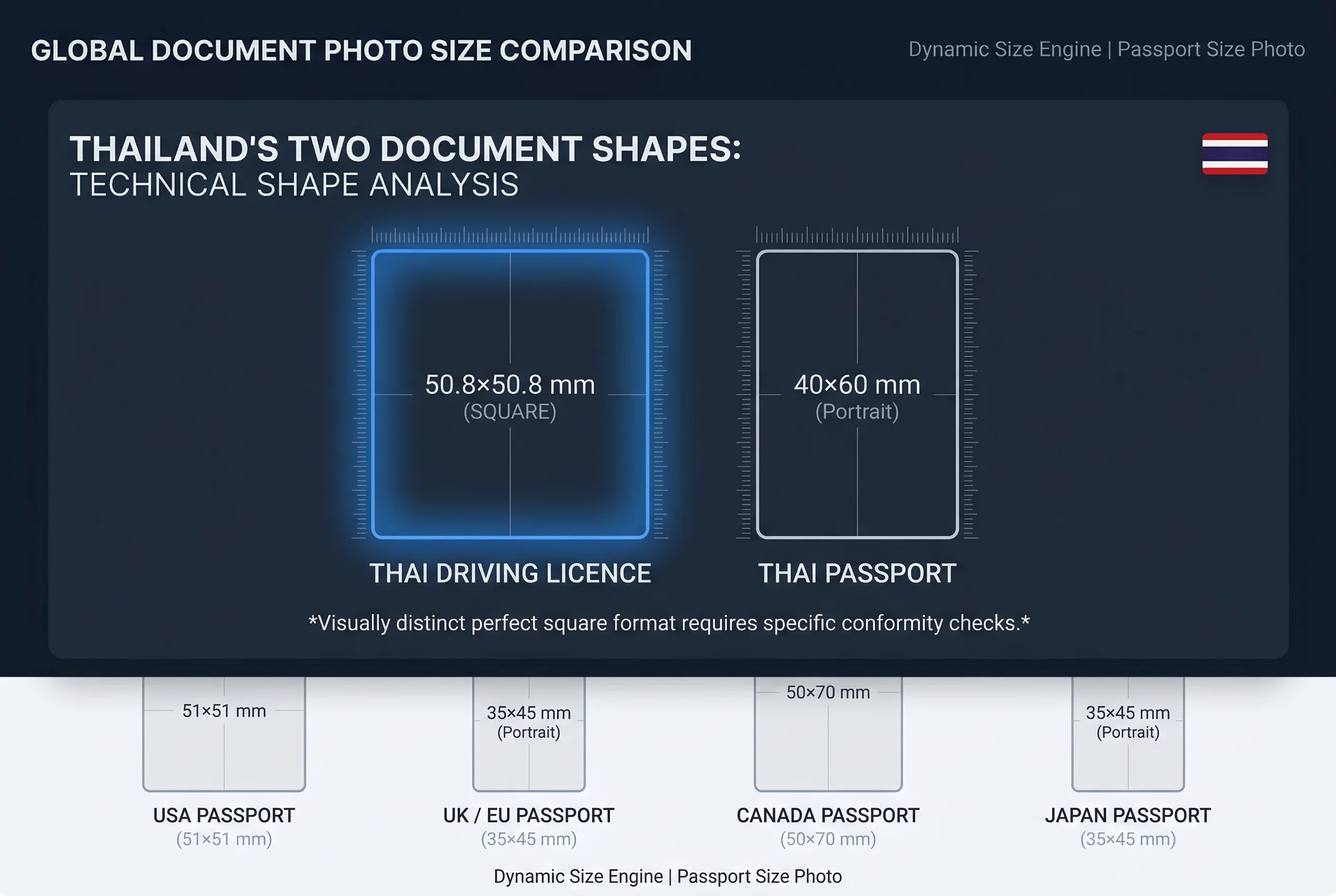 Size comparison chart showing Thai driving licence photo dimensions versus passport size