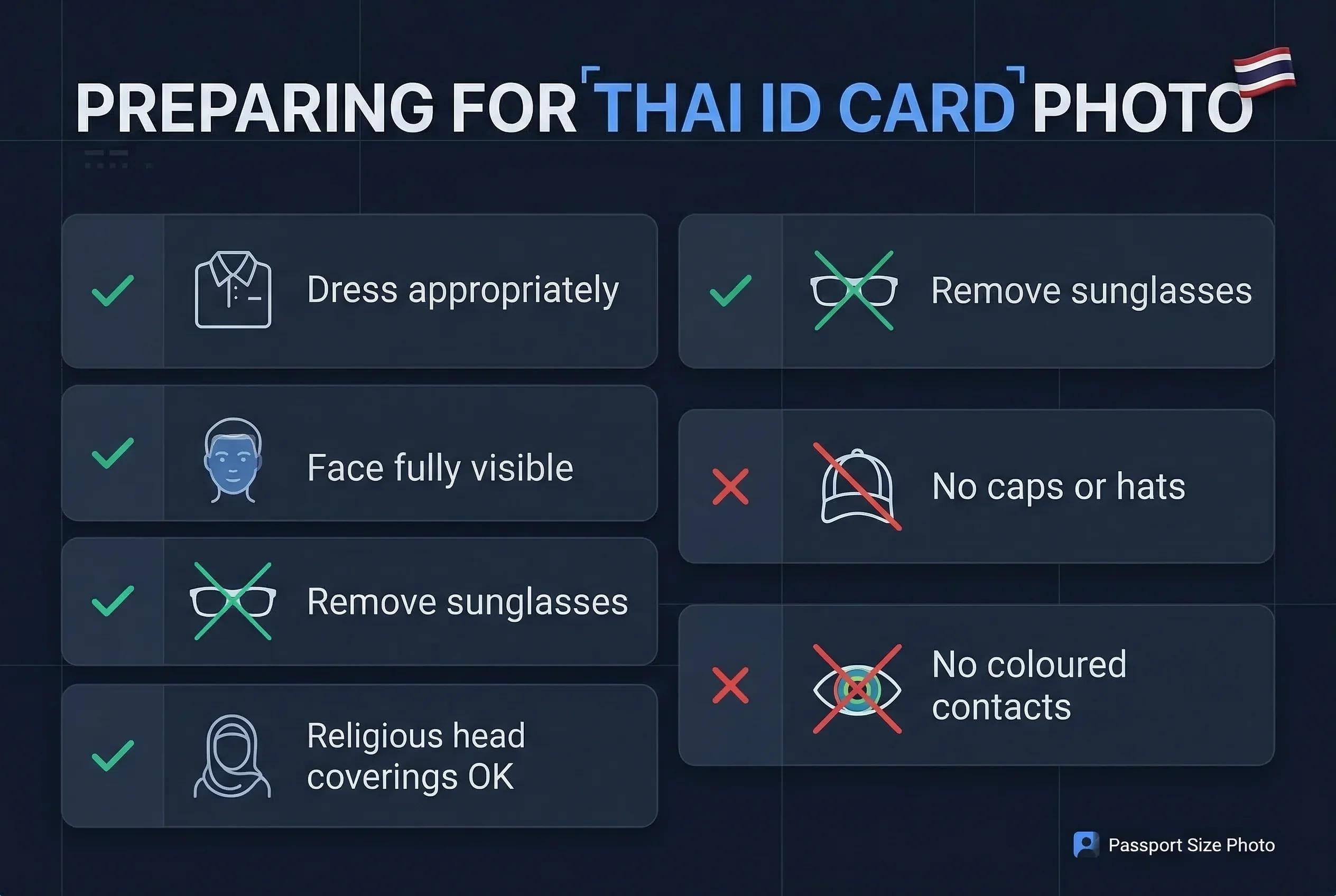 Requirements checklist for Thai ID card photos showing allowed and prohibited items