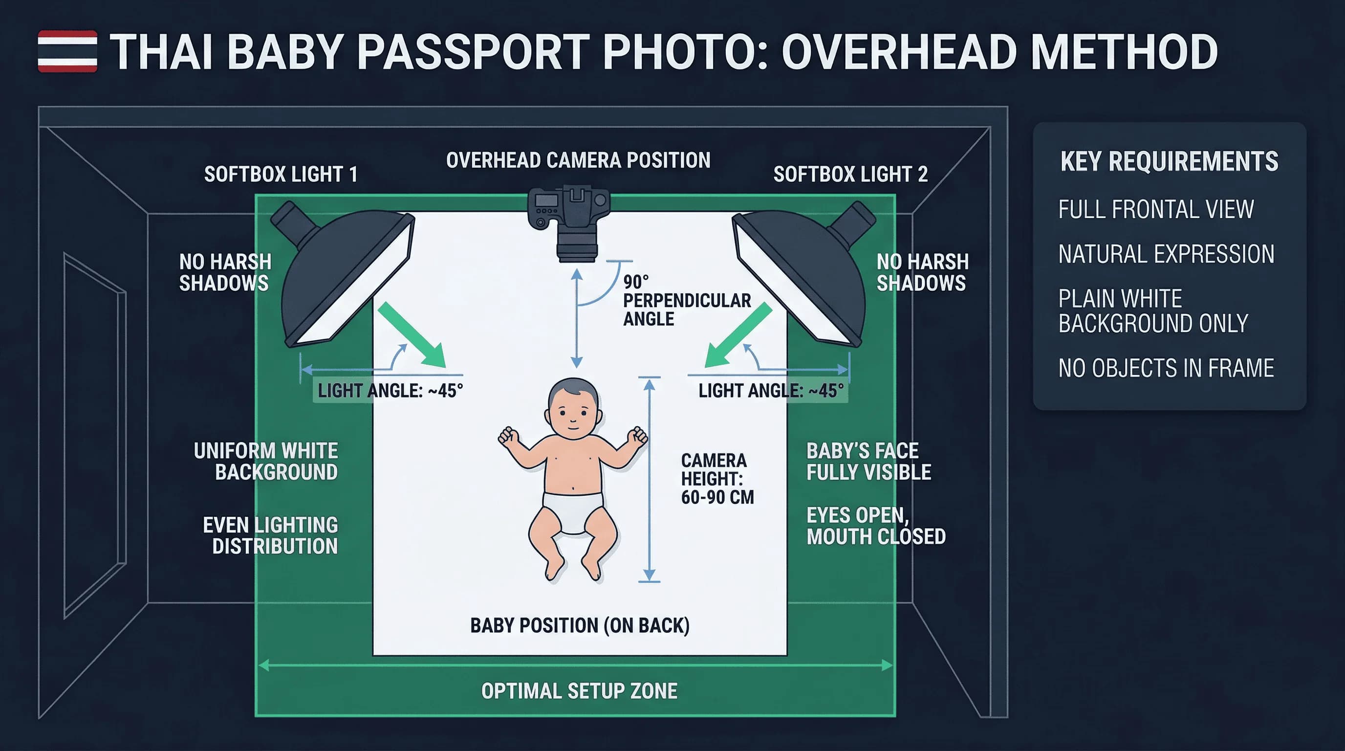Diagram of a home baby passport photo setup for Thailand with camera, backdrop, and lighting