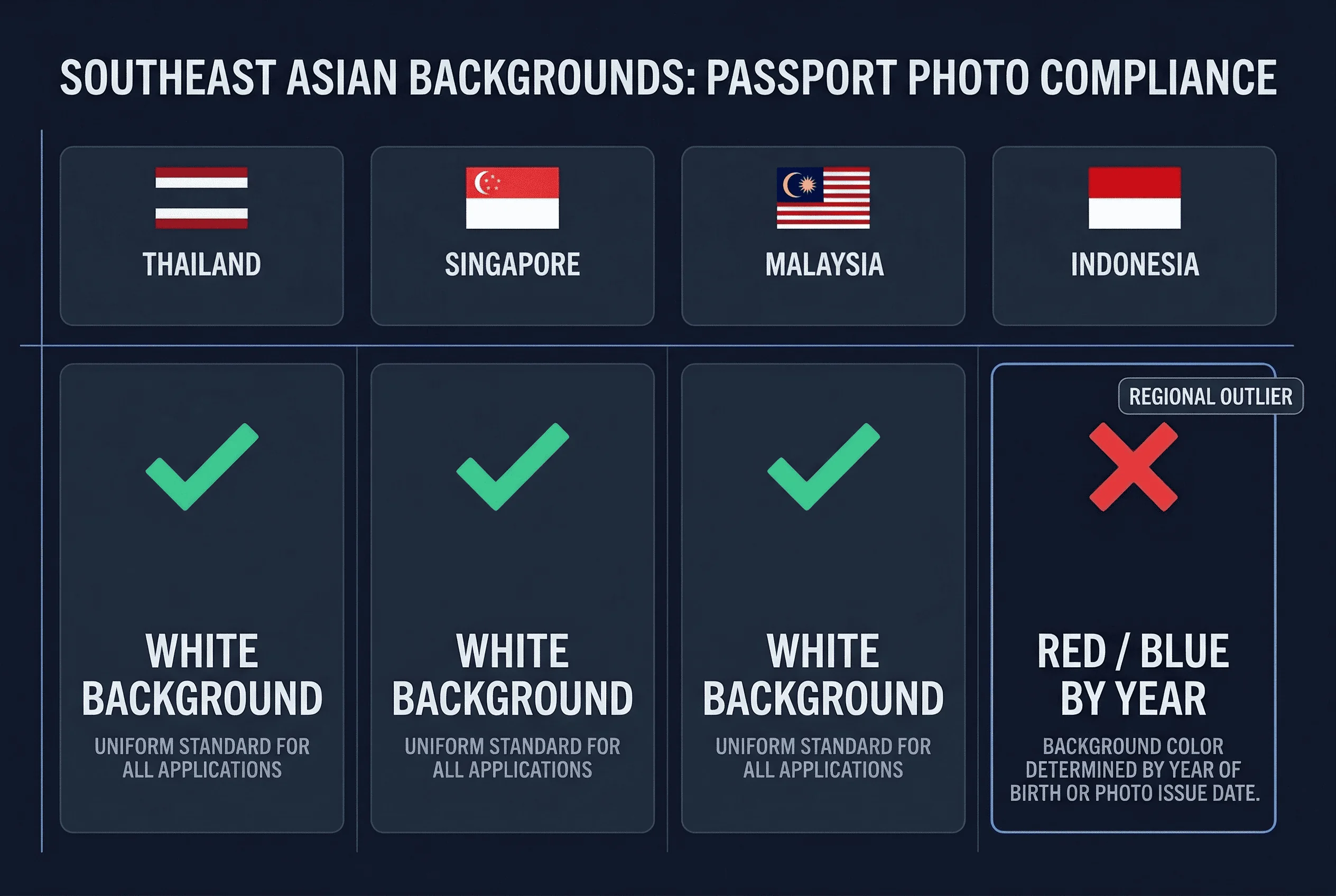 Grid comparing passport photo background requirements across Indonesia, Malaysia, Singapore, Thailand