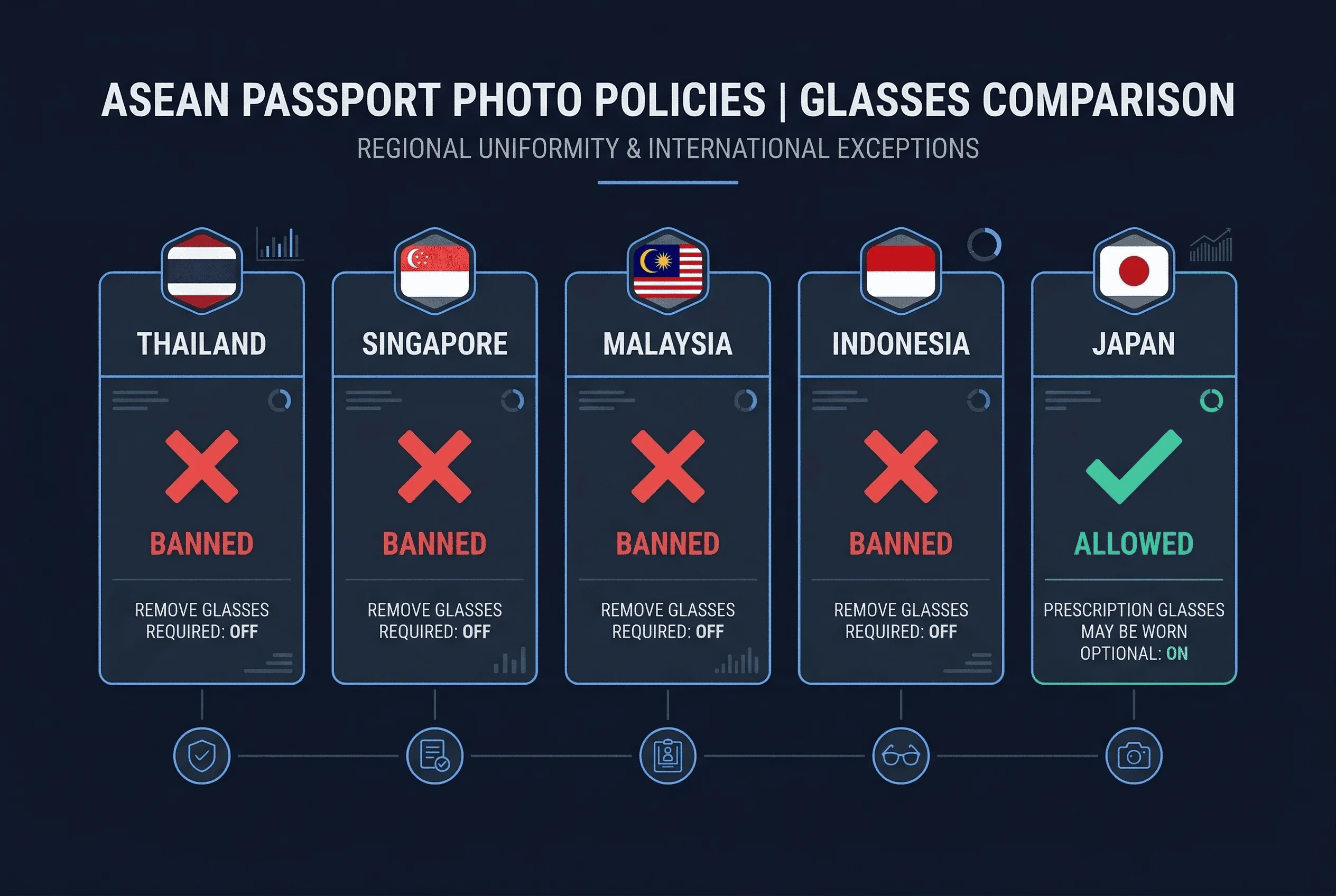 Grid comparing passport photo glasses policies across Indonesia, Japan, Malaysia, Singapore, Thailand