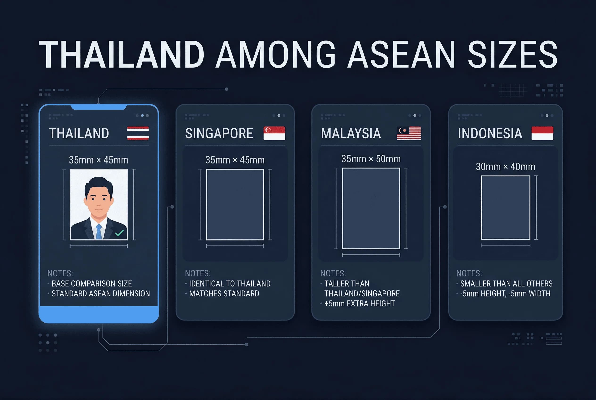 Size comparison chart for Thailand passport photos