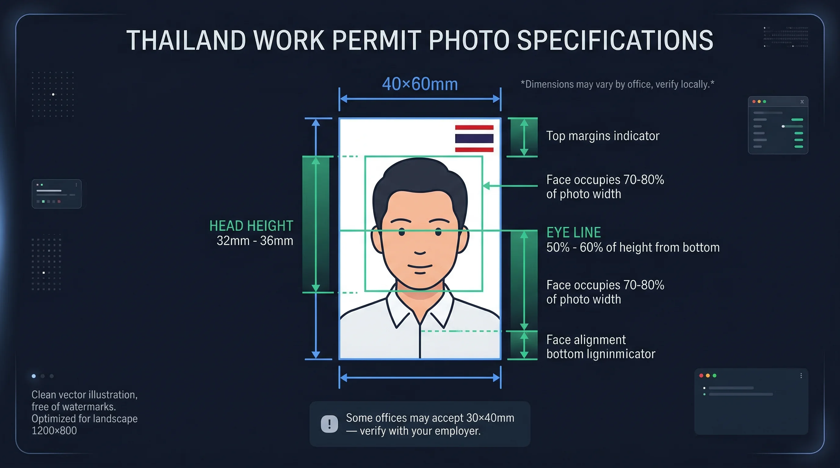 Diagram showing Thailand work permit photo dimensions: 40×60mm frame with head height and eye line markers