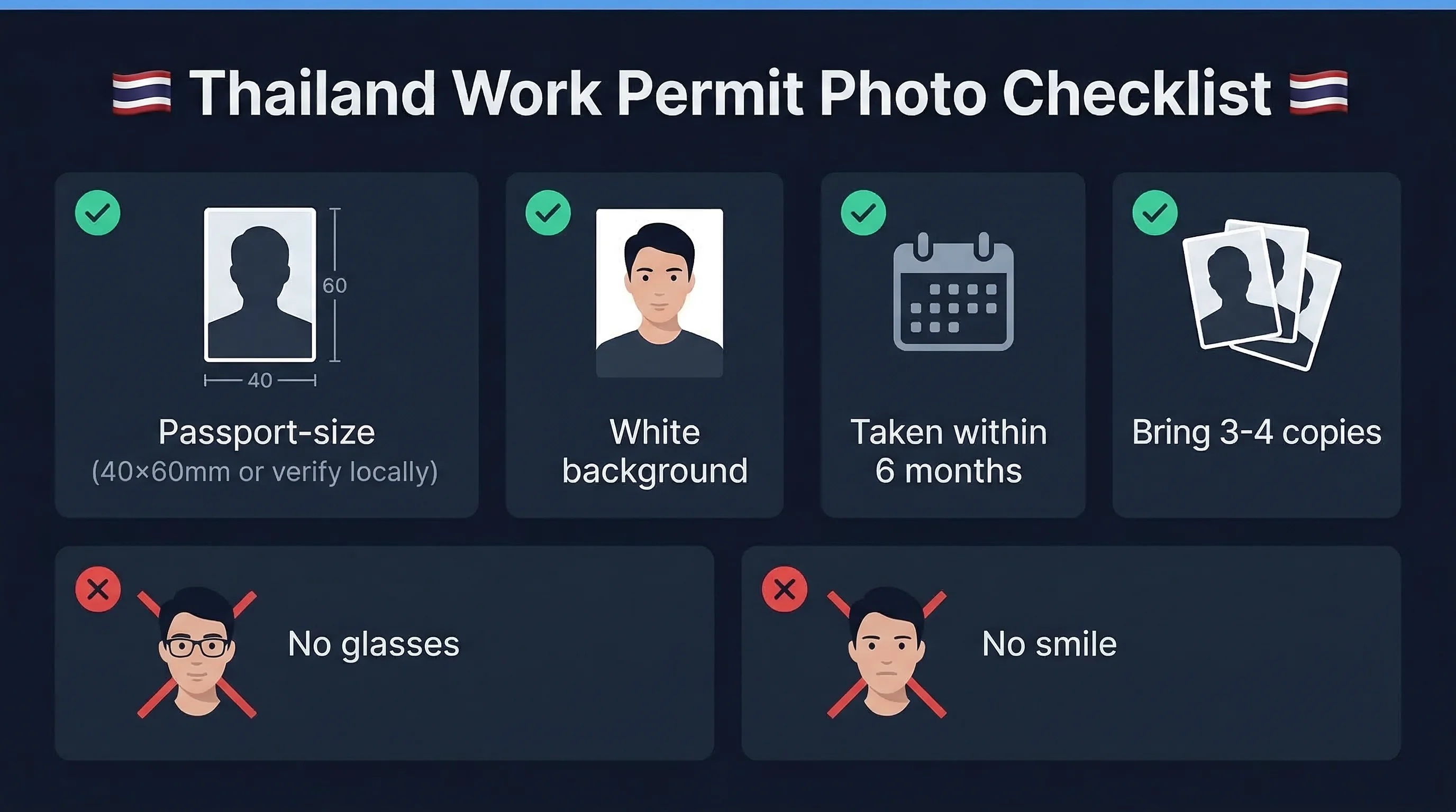 Requirements checklist for Thailand work permit photos: 40×60mm size, white background, bring 3-4 copies