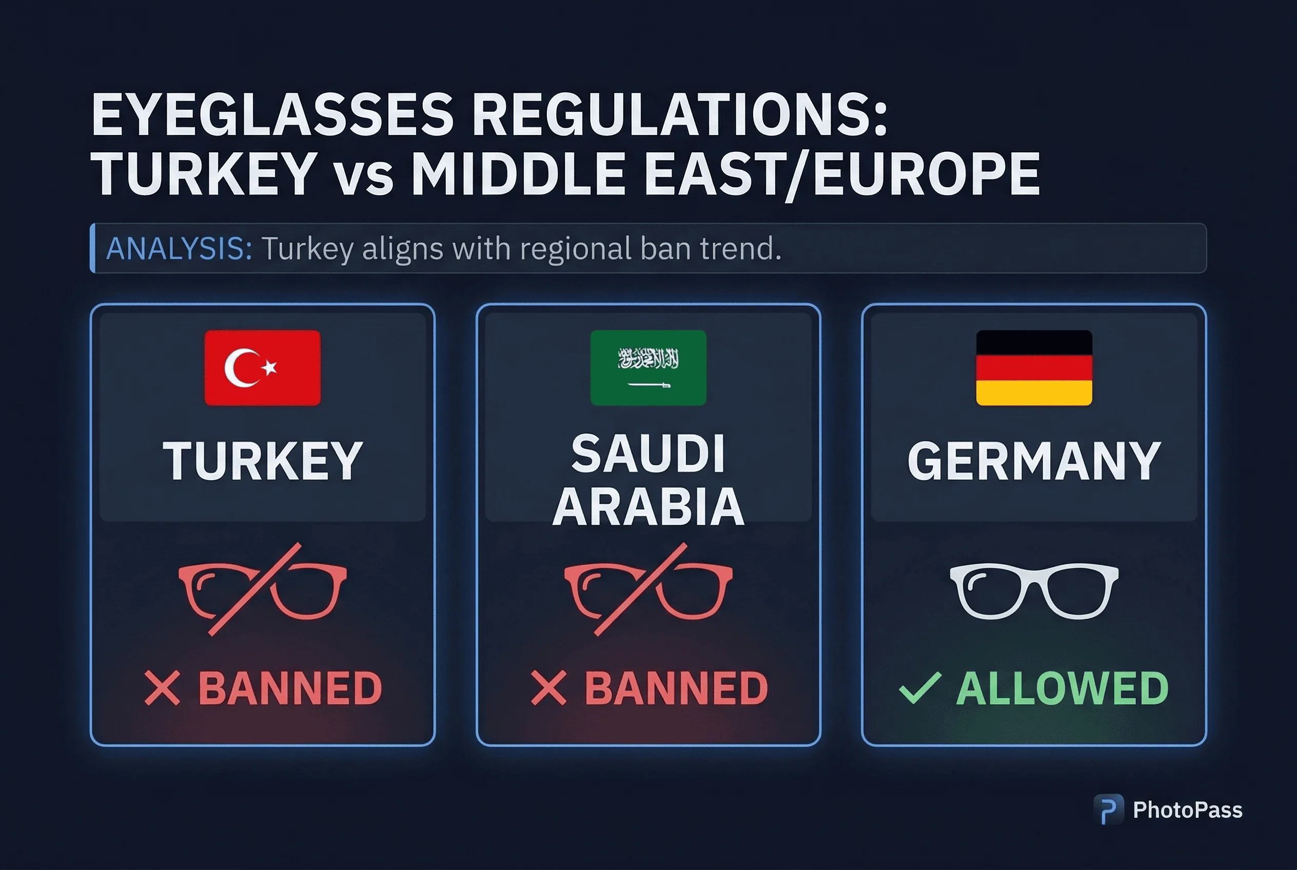 Grid comparing passport photo glasses policies across Germany, Saudi Arabia, Turkey
