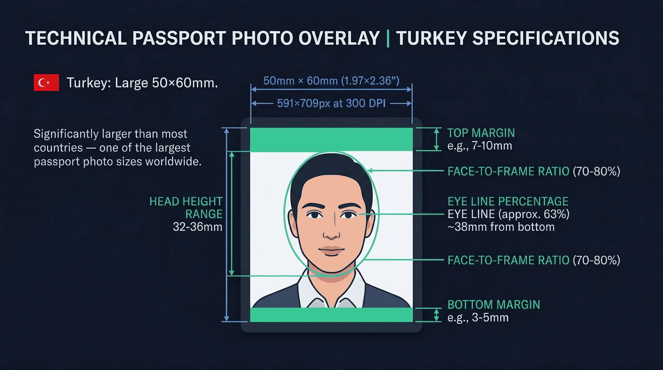 Diagram showing Turkey passport photo dimensions: 50×60mm frame with head height and eye line markers