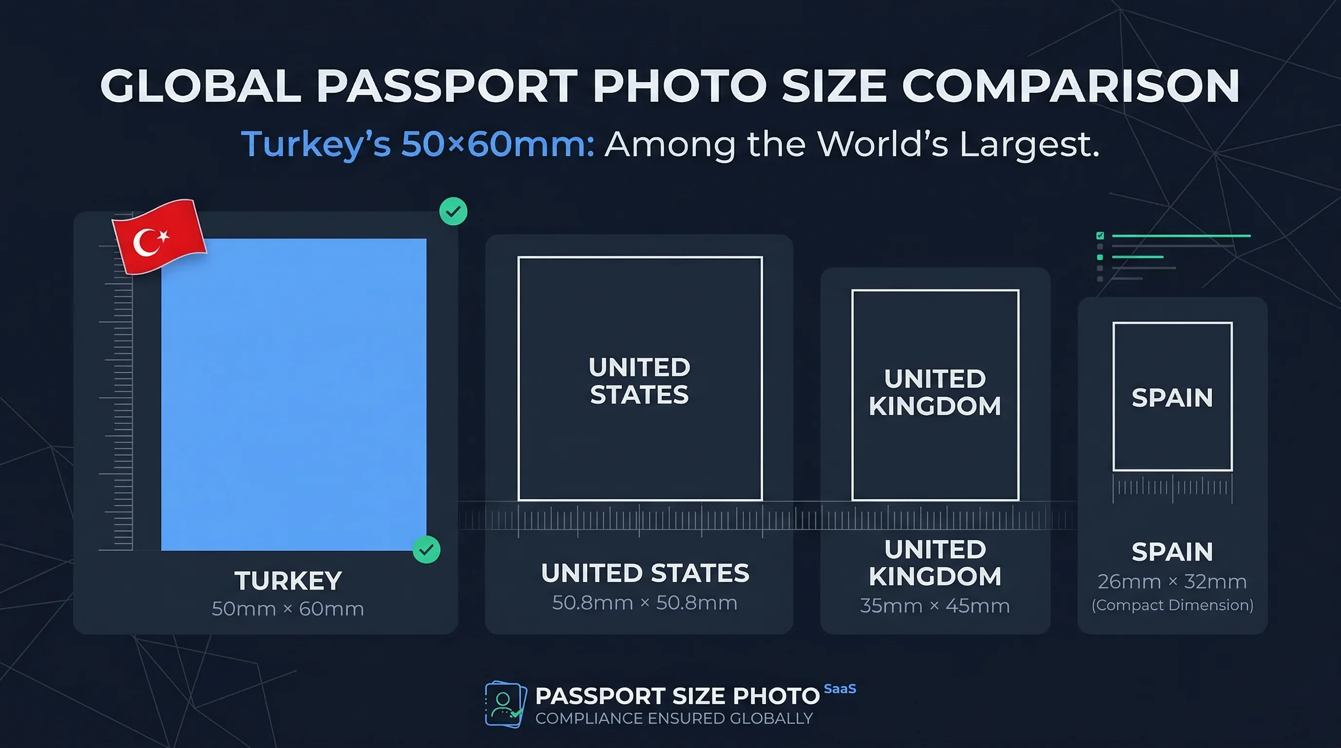 Size comparison chart showing Turkish kimlik kartı ID card photo dimensions versus other countries