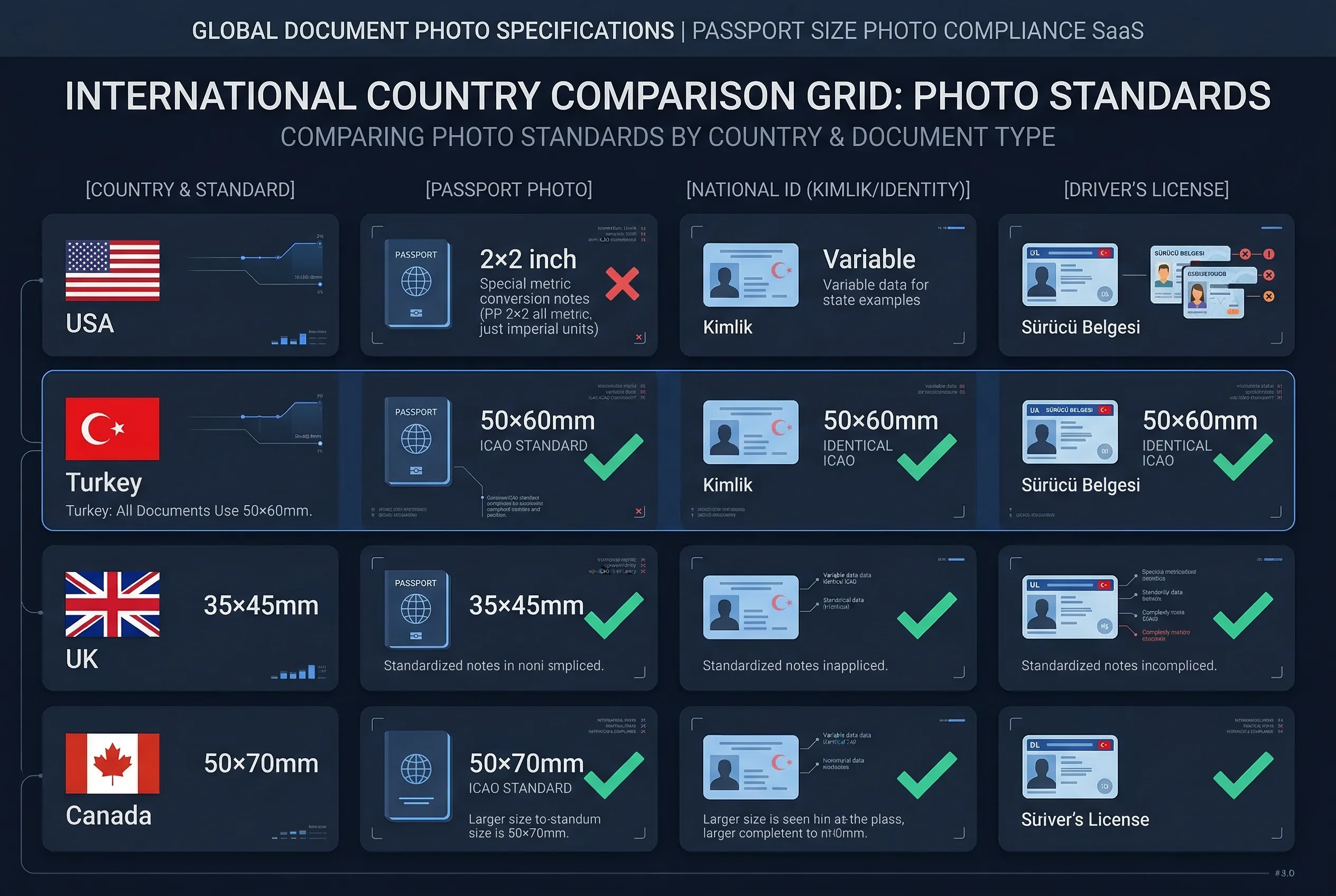 Grid comparing Turkish sürücü belgesi driving licence photo requirements versus other countries