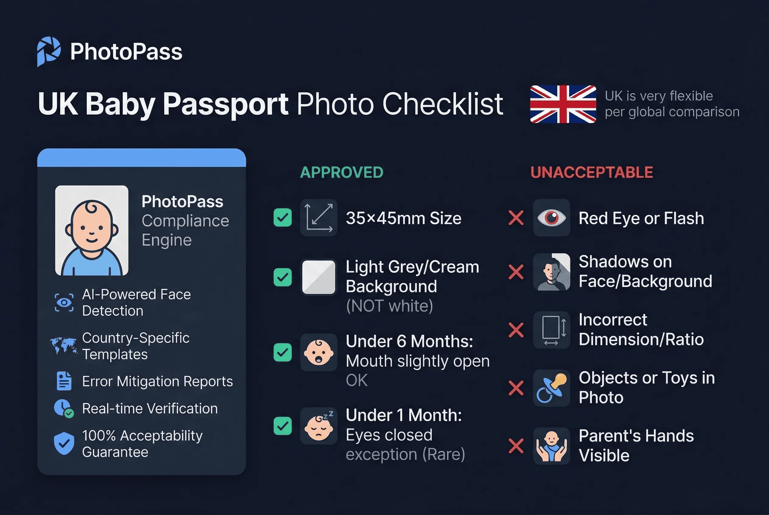 Requirements checklist for UK baby passport photos: 35×45mm size