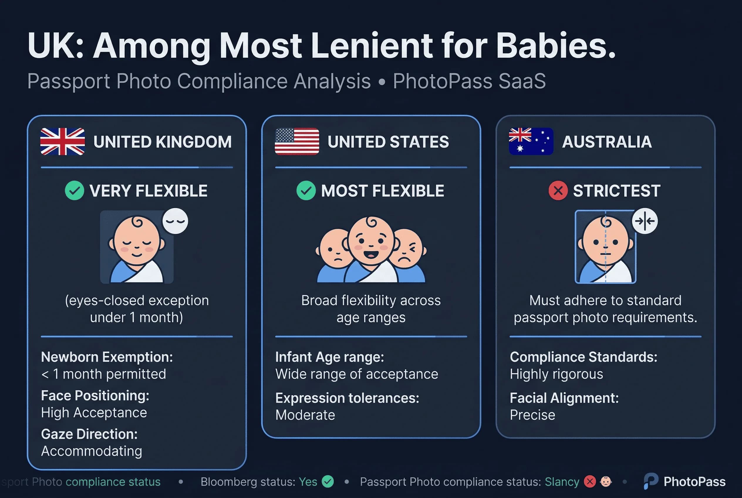 Grid comparing baby passport photo rules across Australia, UK, US