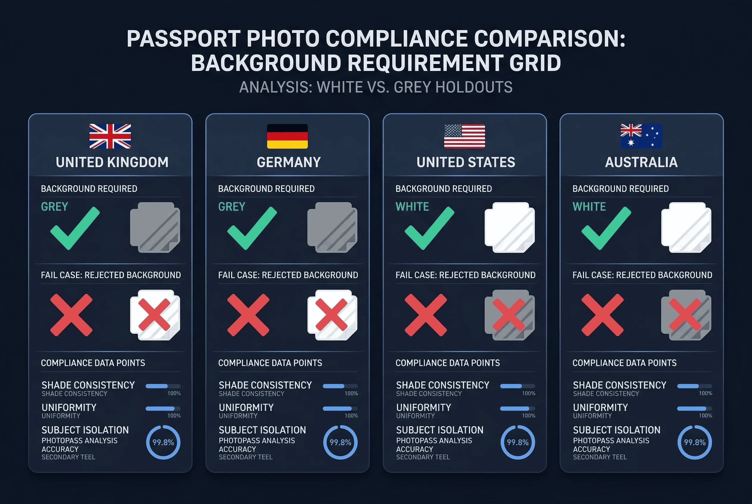 Grid comparing passport photo background requirements across Australia, Germany, UK, US