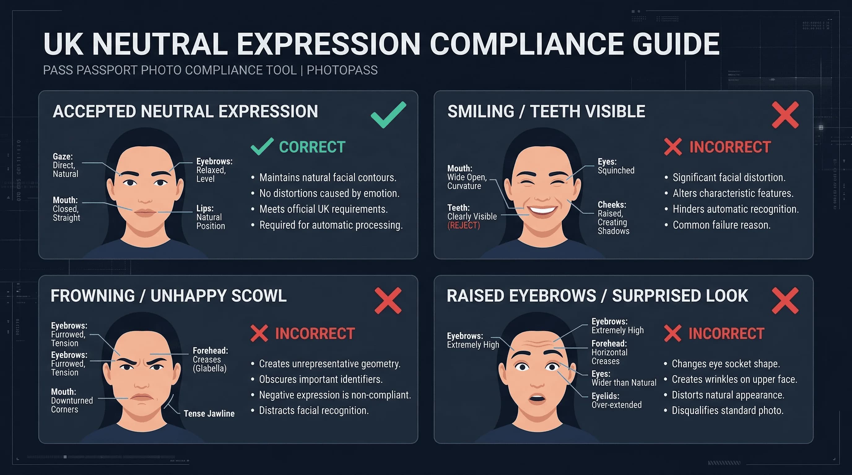Examples showing correct versus incorrect neutral expressions for UK passport photos