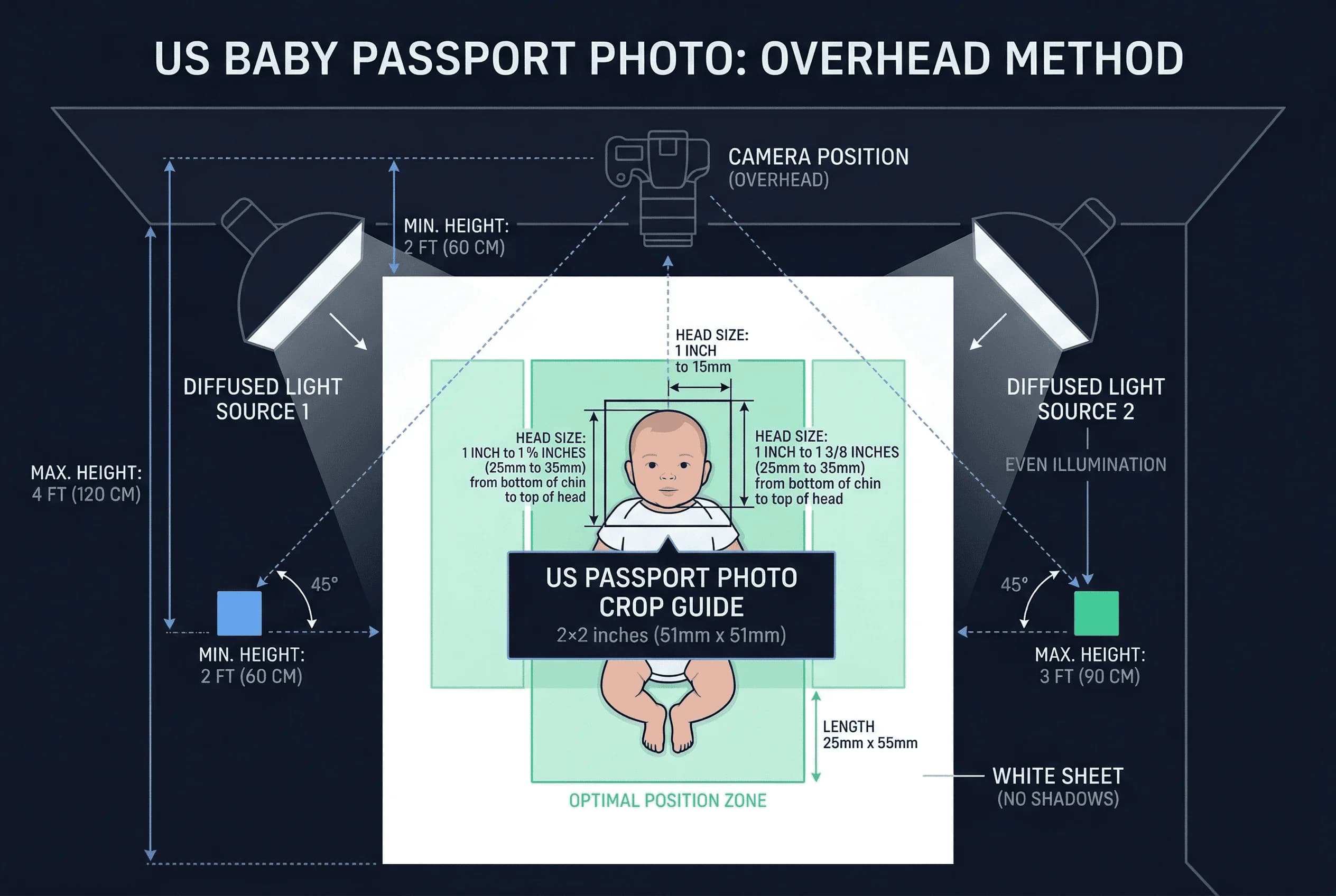 Diagram of a home baby passport photo setup for US showing camera position, white backdrop