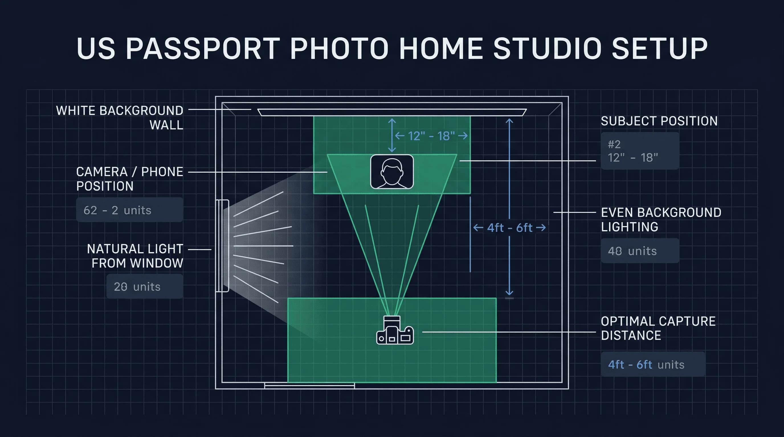 Diagram of a home passport photo setup showing camera position, natural lighting