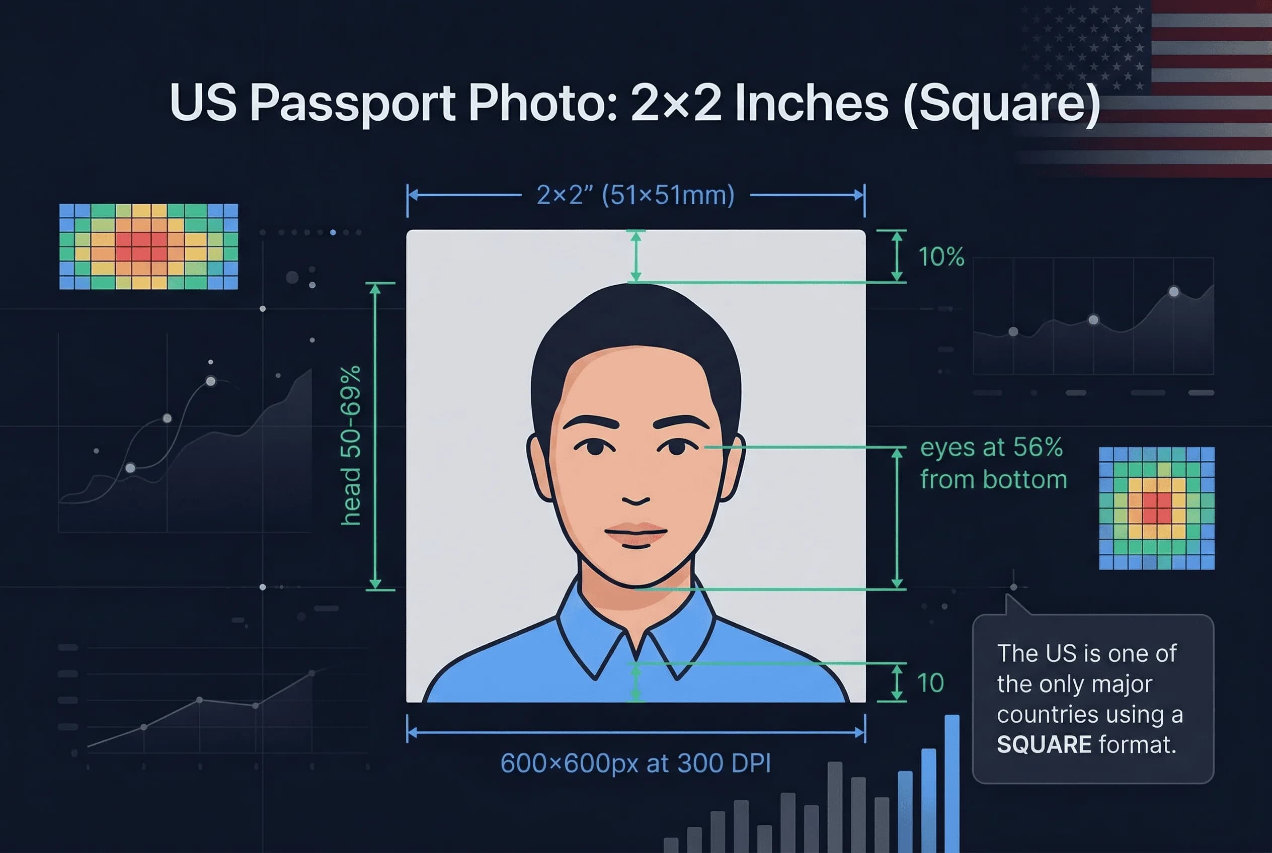 Diagram showing US passport photo dimensions: 51×51mm frame with head height and eye line markers