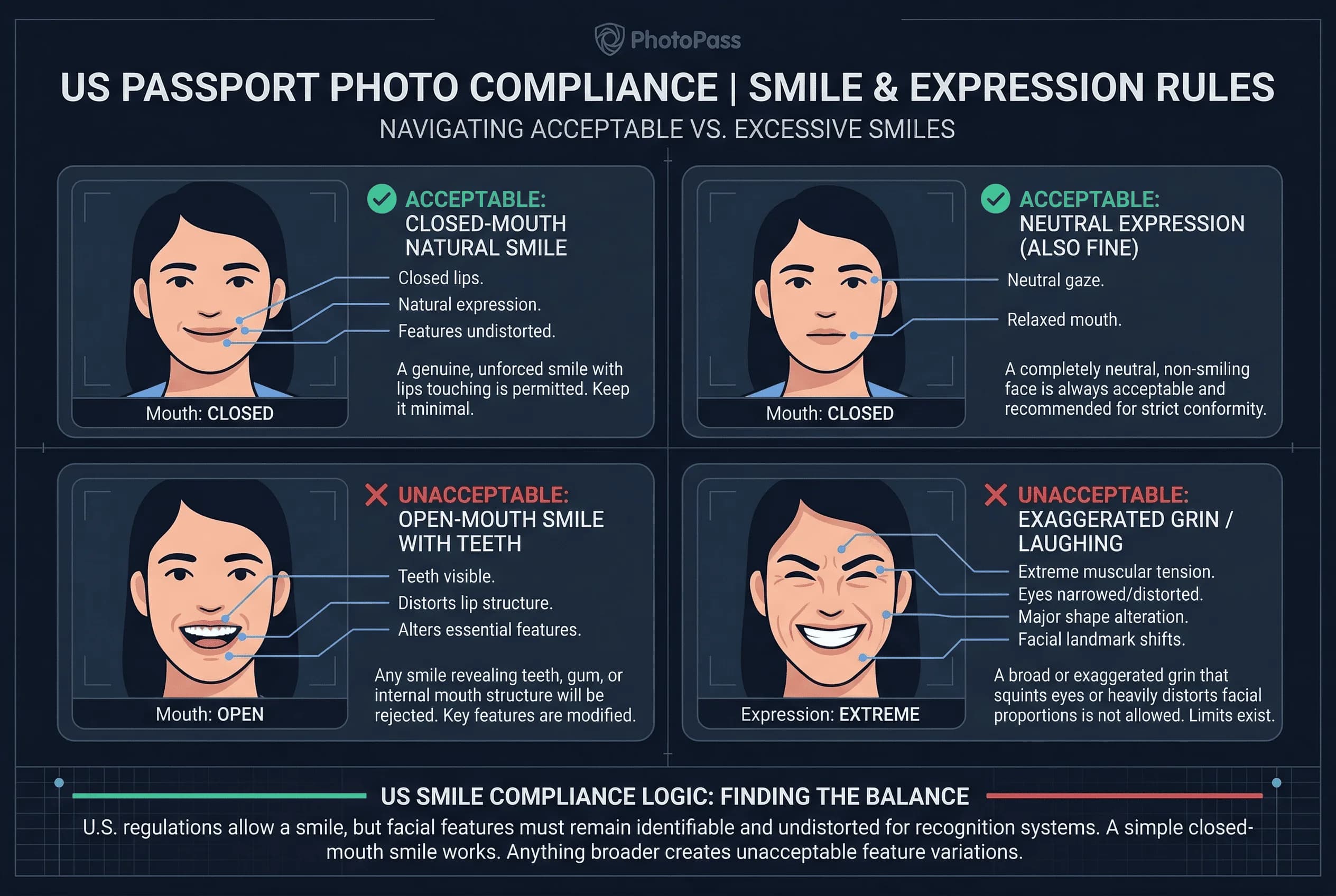 Examples of common US passport photo mistakes: open-mouth smile with teeth, with correct example shown
