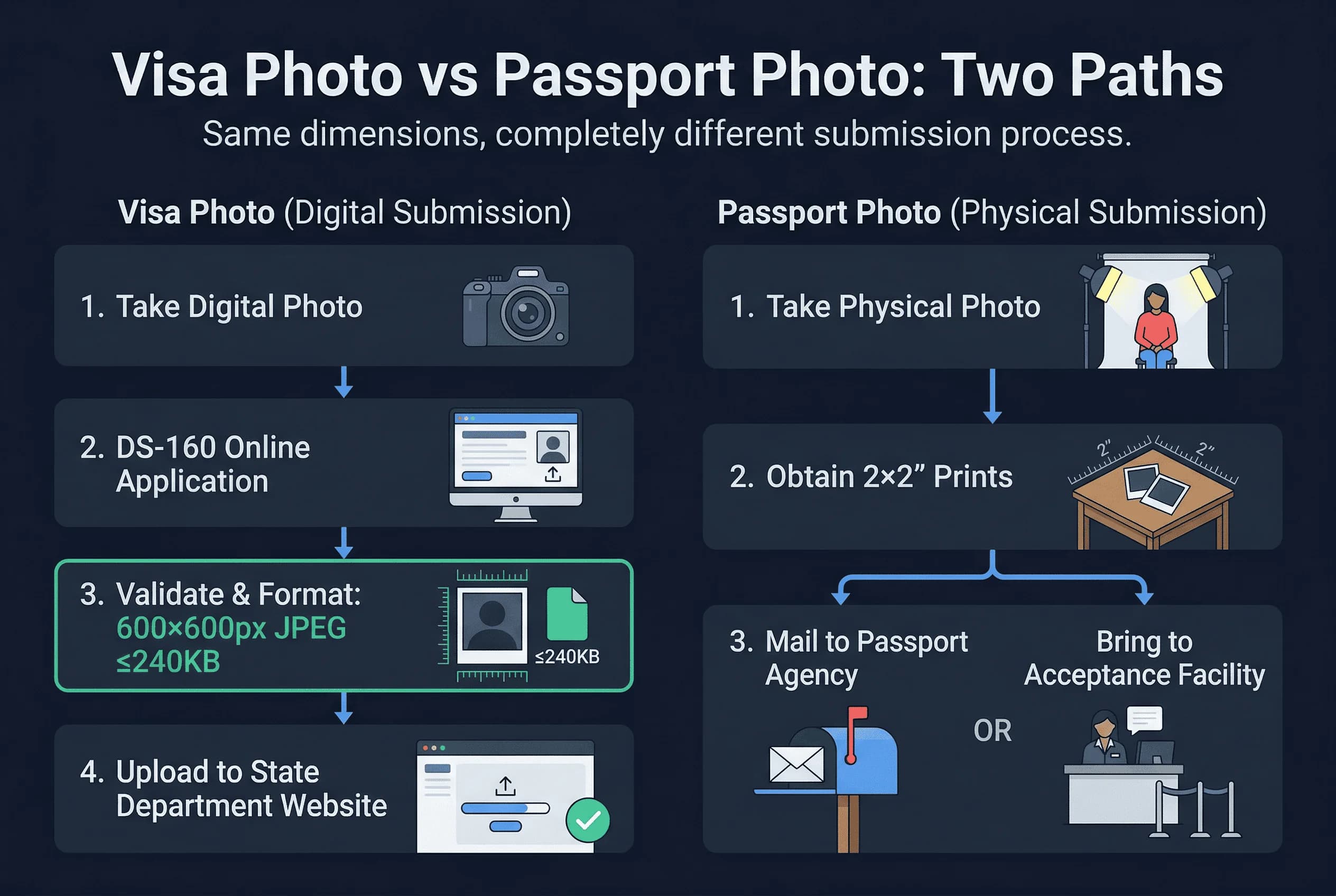 Side-by-side process comparison of visa photo versus passport photo showing two different submission paths