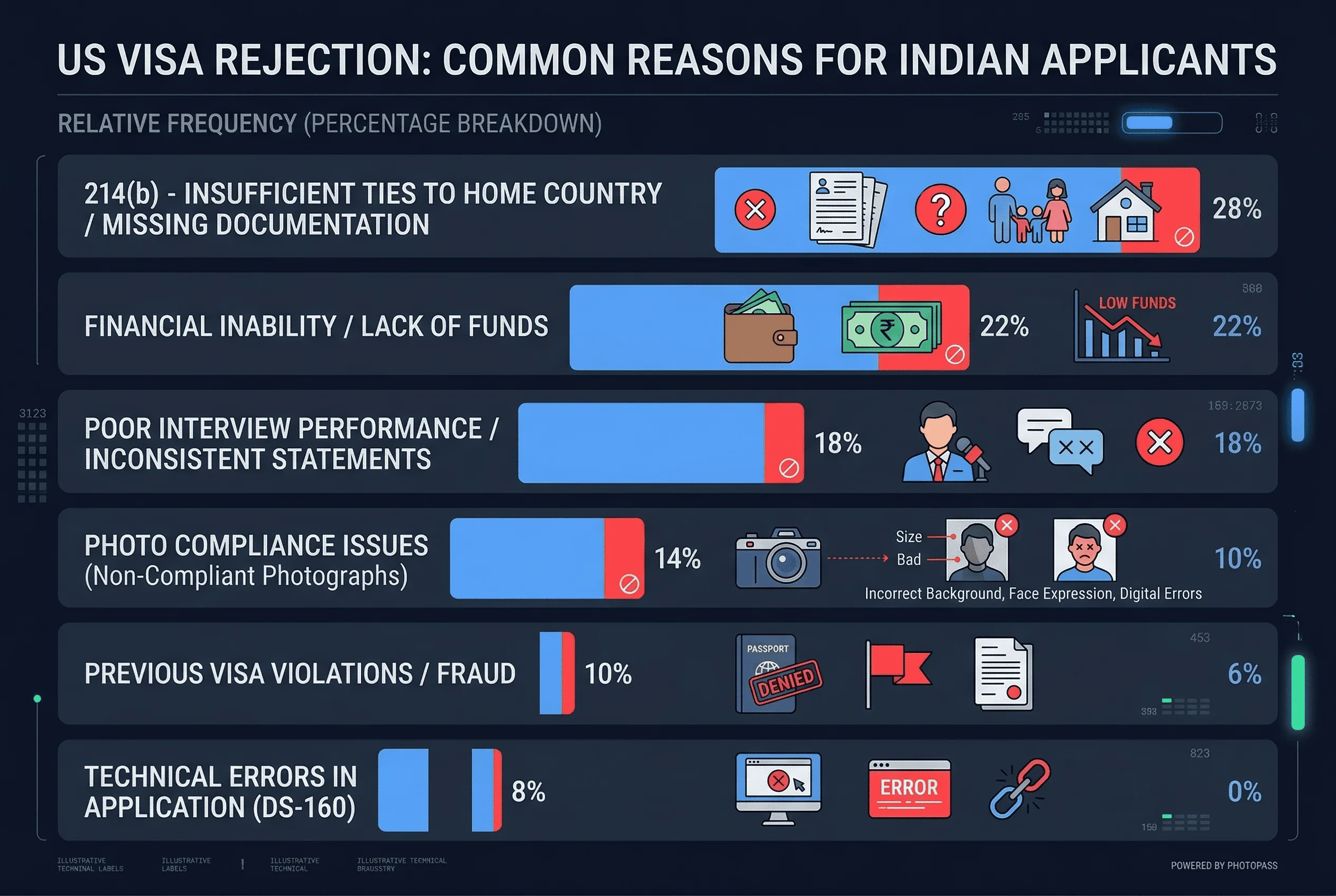 Chart of top rejection reasons for Indian visa photos ranked by frequency