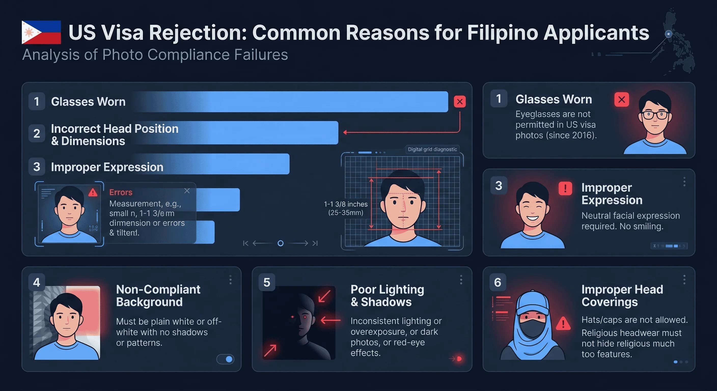 Chart of top rejection reasons for Philippines visa photos ranked by frequency
