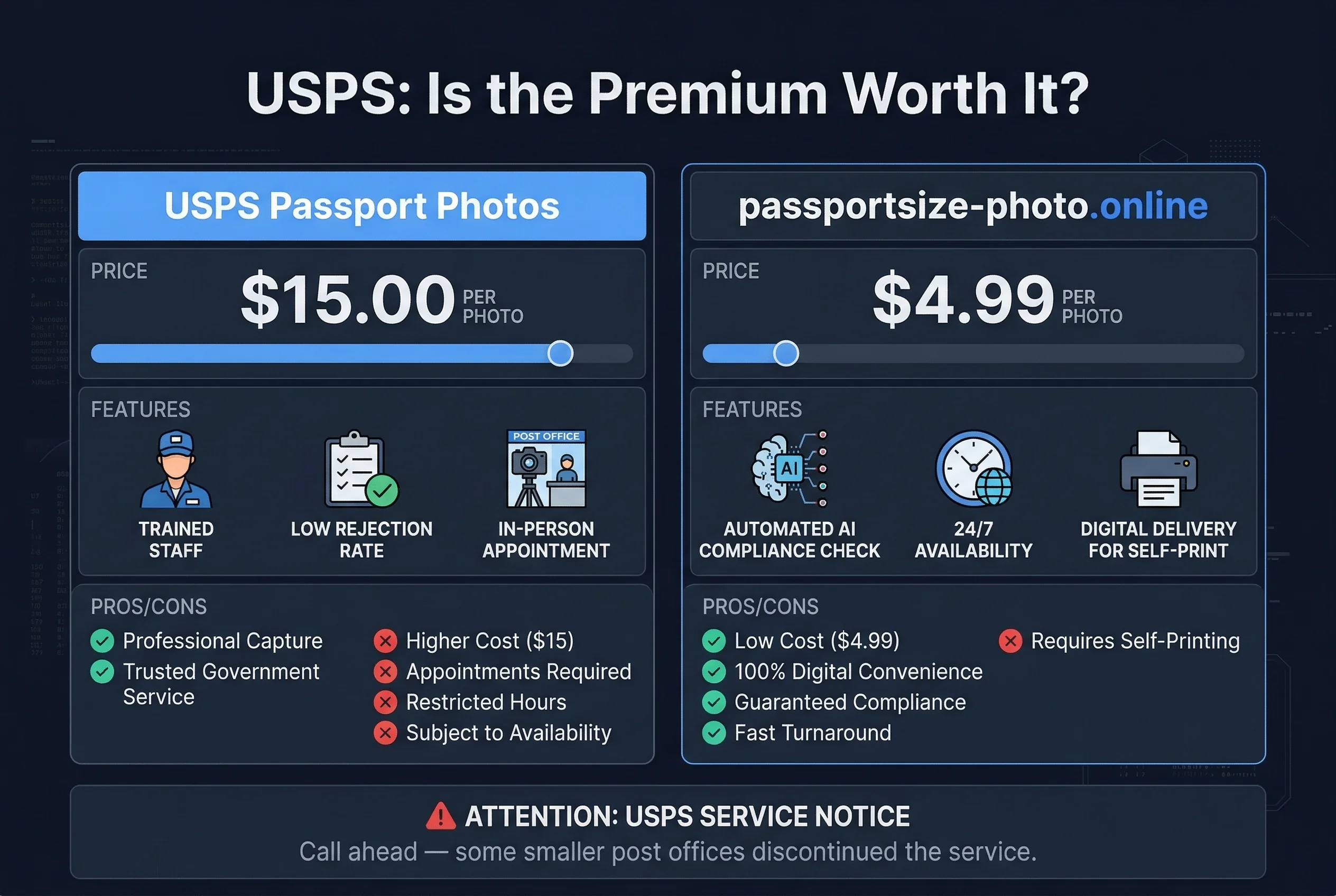 Price and feature comparison: USPS at $15 versus online service at $4.99 for passport photos