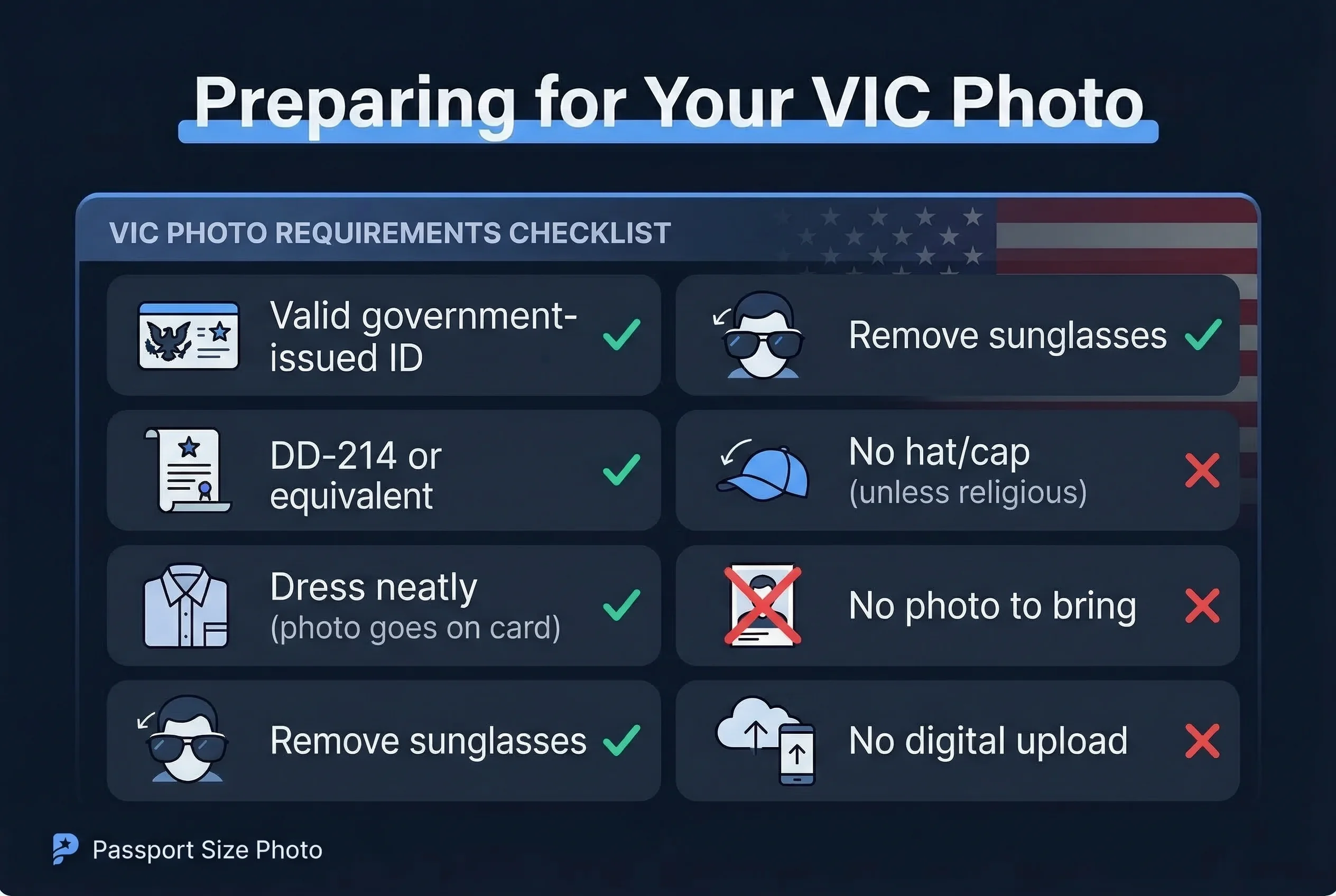 Requirements checklist for US veteran ID card photos showing allowed and prohibited items