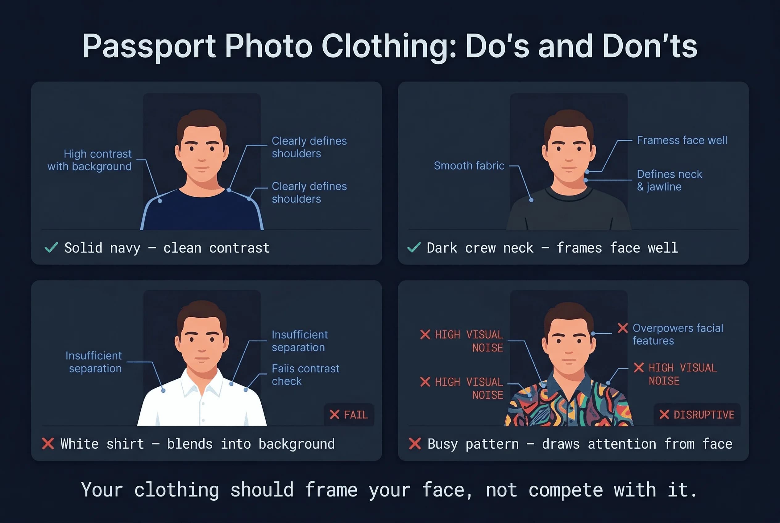 Examples of common passport photo mistakes: white shirt and busy pattern, with correct example shown
