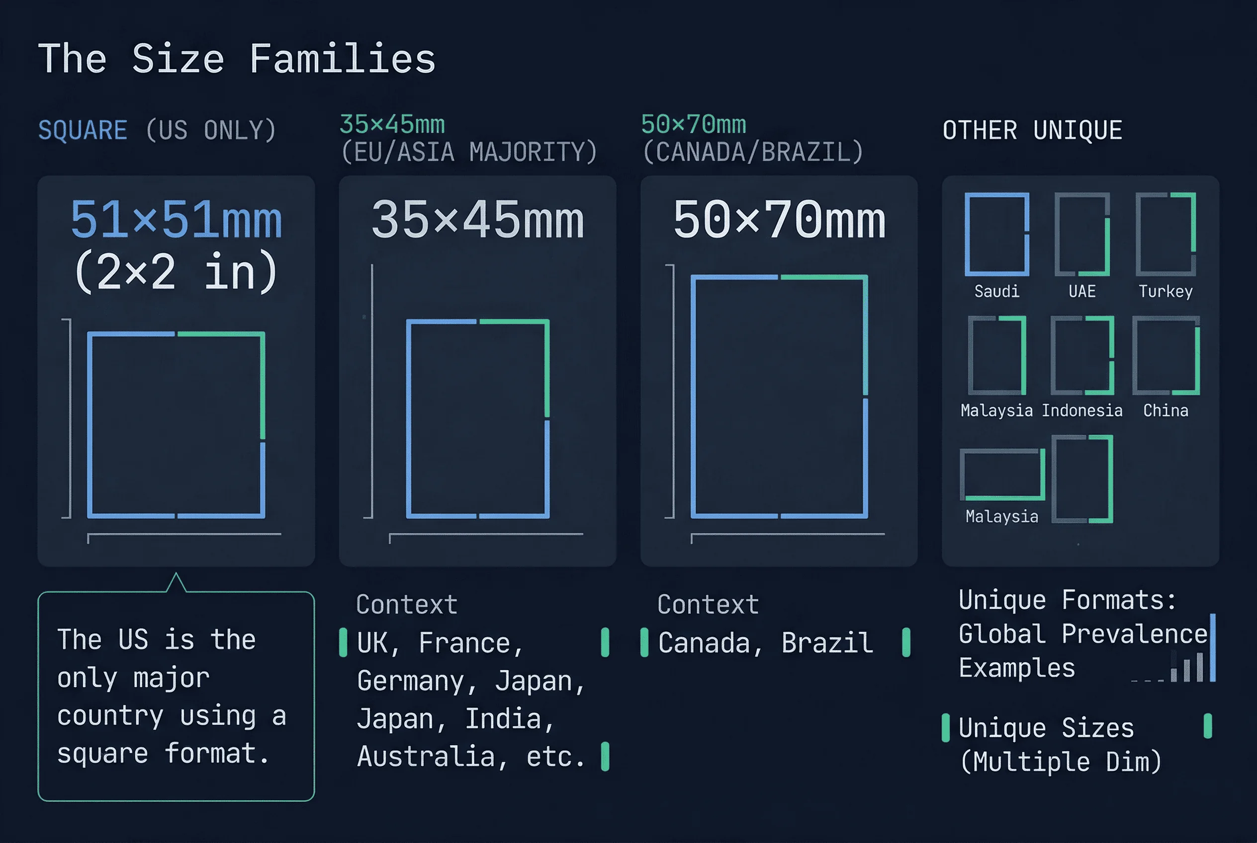 Chart showing passport photo size families: US square, 35×45mm EU-Asia standard, and 50×70mm Canada-Brazil format