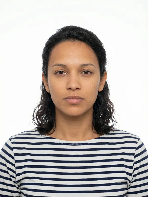 Correct France visa photo example — white background, centered, neutral expression