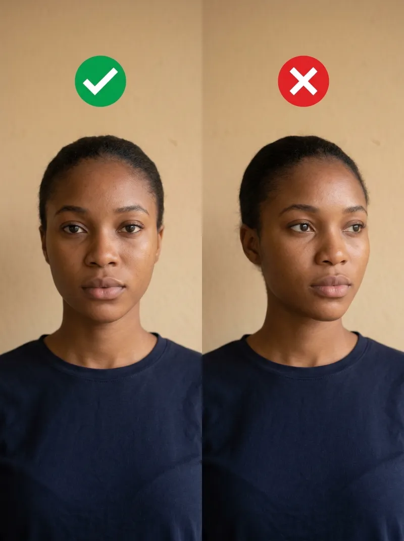 Face in front of the camera — Nigeria visa photo tip